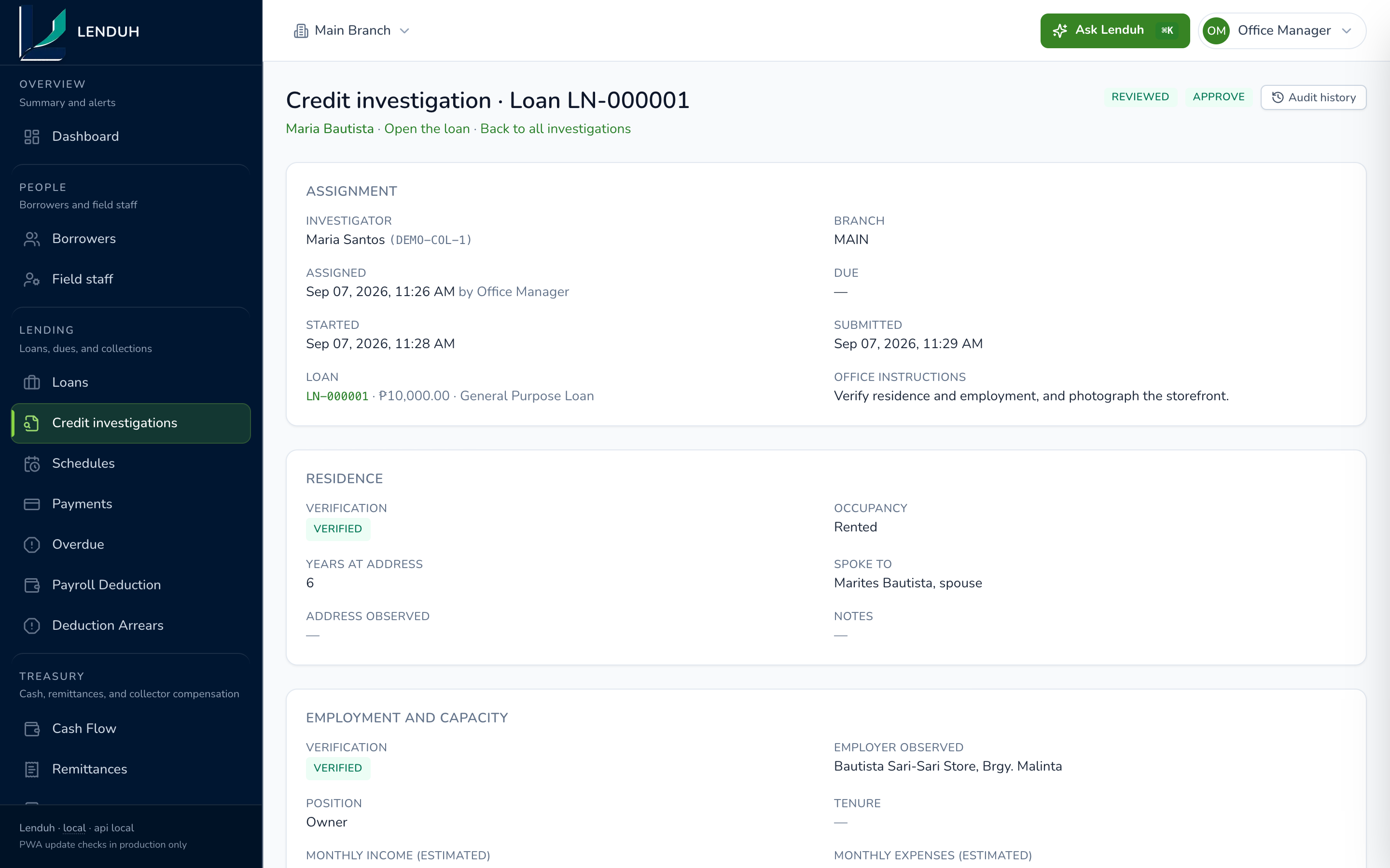 Credit investigation report